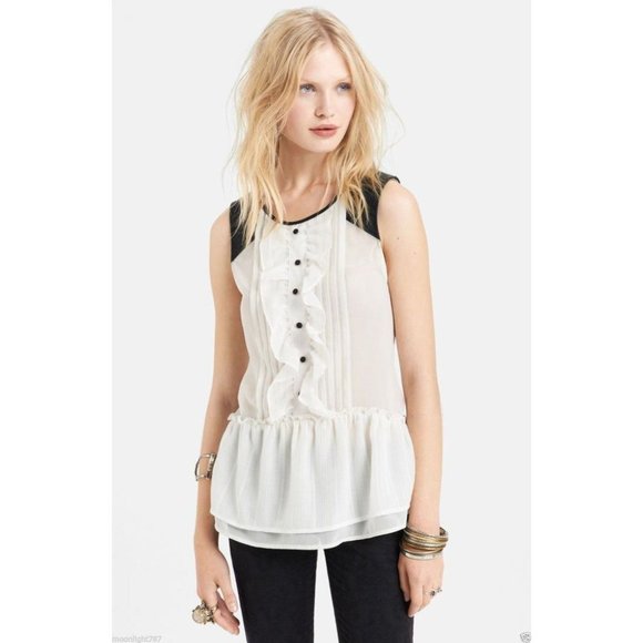 FREE PEOPLE ANTHROPOLOGIE TUXEDO Black Trim Women's Medium Sheer Peplum Blouse - Picture 1 of 1
